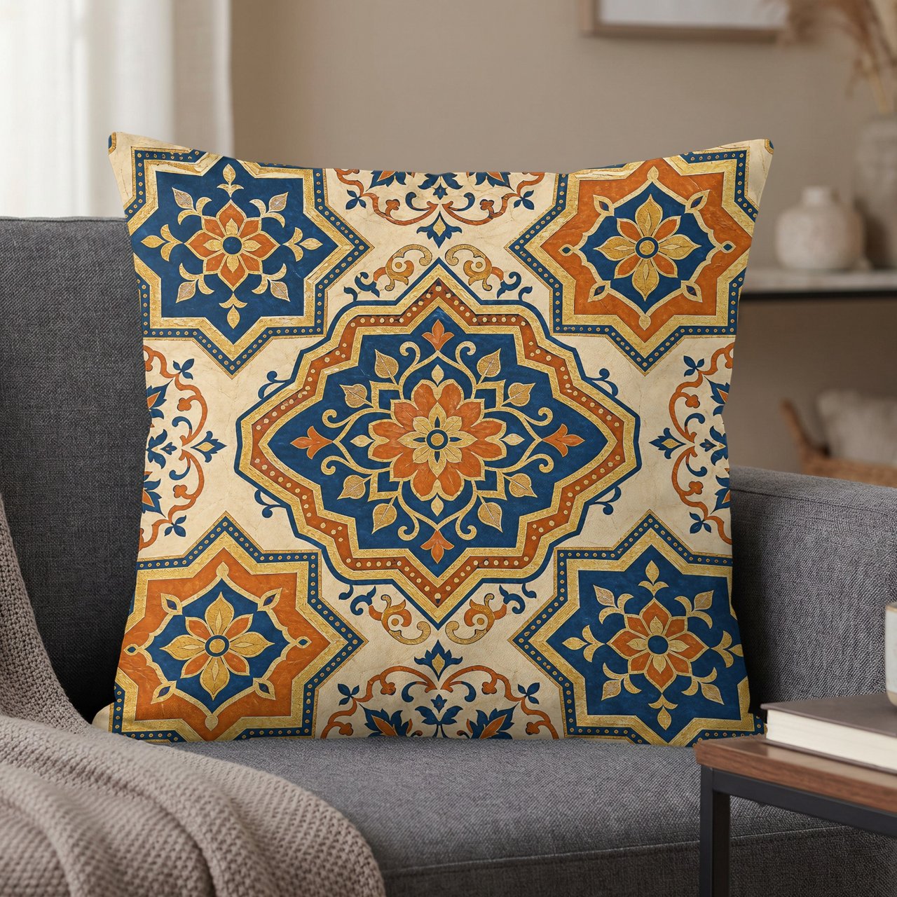 Moroccan Tile Pillow Cover, Blue Orange Medallion Cushion Case, Boho Eclectic Home Decor Accent Pillow Case