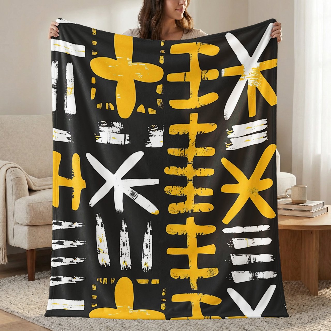 African Mud Cloth Velveteen Blanket, Tribal Art Woven Throw, Abstract Boho Pillow Cover, Black Yellow White Pattern Home Decor Gift