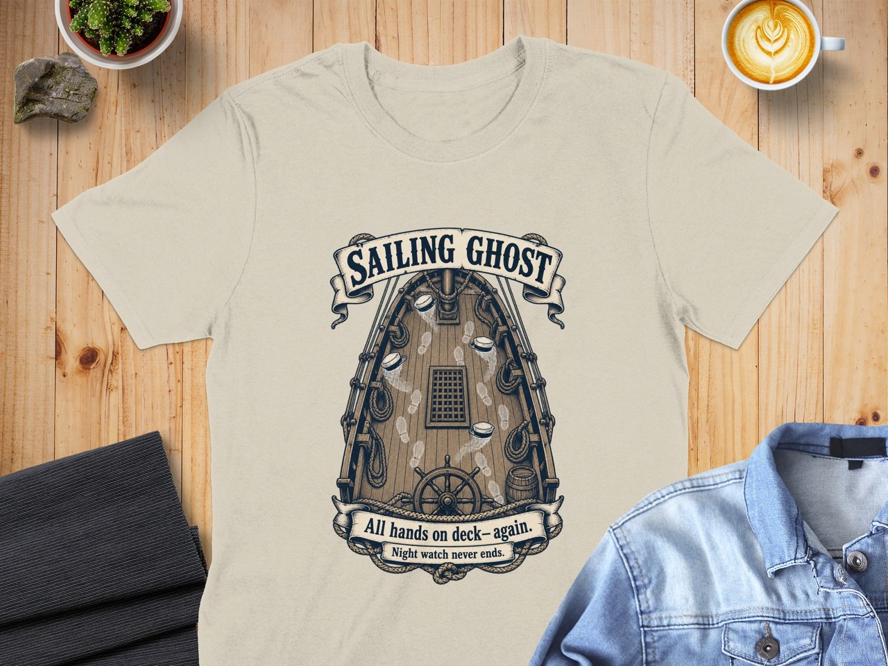 Sailing Ghost Ship All Hands On Deck Nautical Vintage Engraving Graphic Crewneck Sweatshirts
