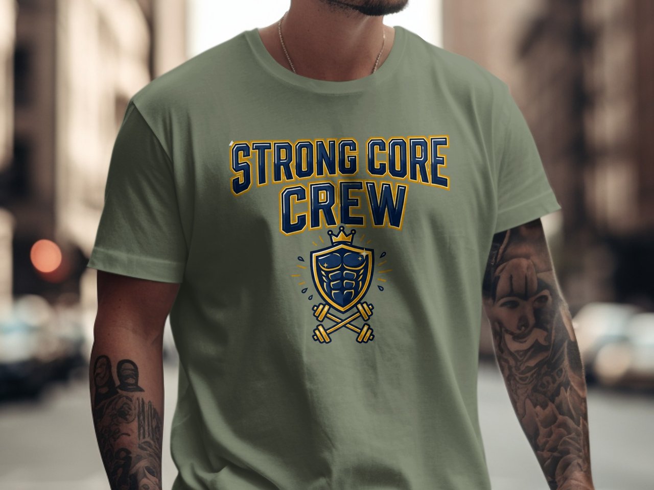 Strong Core Crew T-Shirt: Fitness Gym Workout Abs Shield Crown Dumbbell Graphic