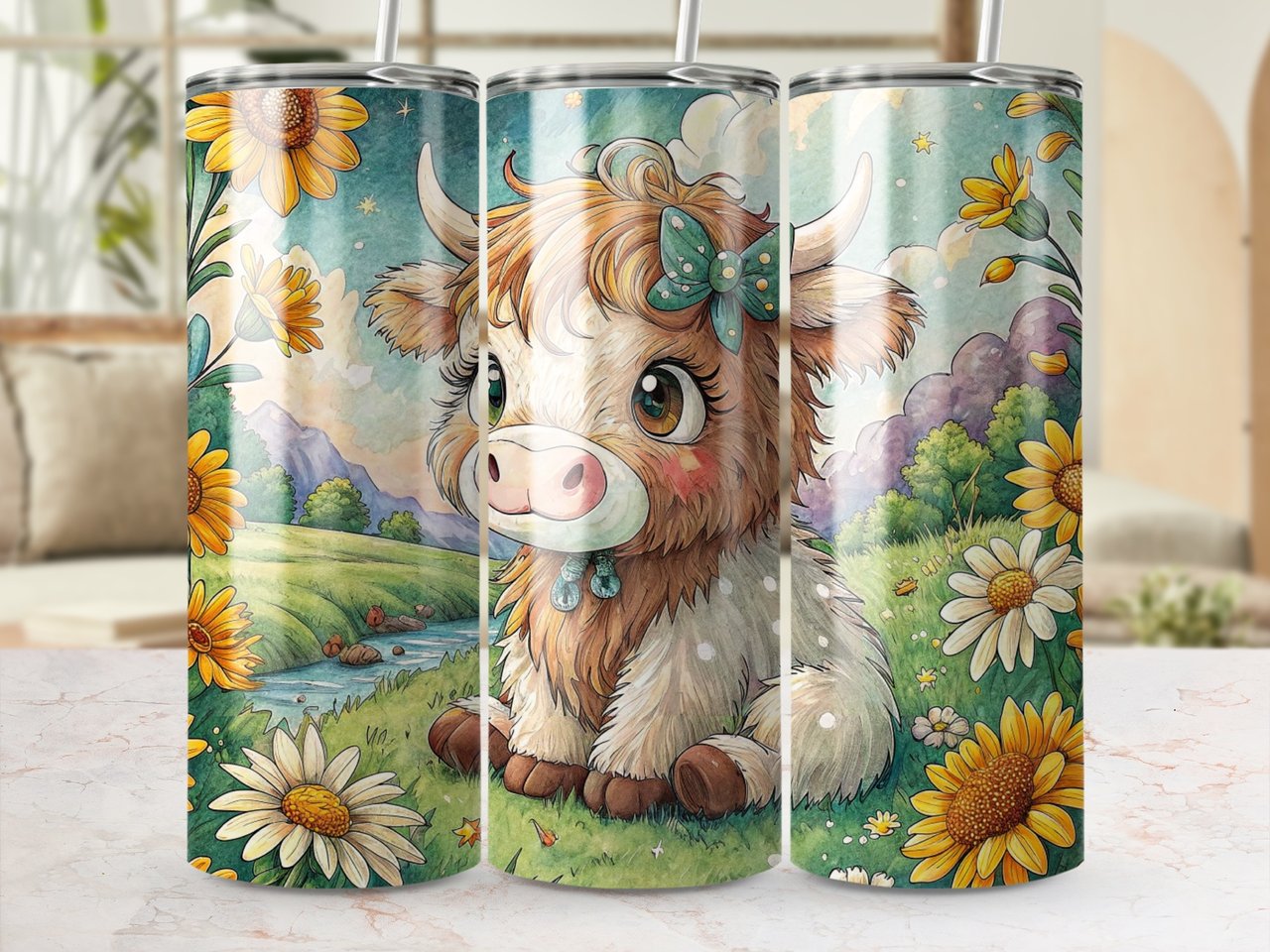 Cute Cow 20oz Tumbler Wrap, Seamless Tumbler Design, Highland Cow Tumbler, Floral Tumbler Wrap, Sublimation Design
