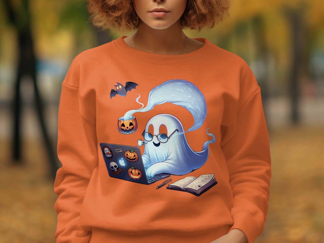 Spooky Ghost T-Shirt, Halloween Shirt, Funny Graphic Tee, Ghost with Laptop Shirt, Bat Design, Pumpkin Cup, Halloween Gift, Geek Shirt
