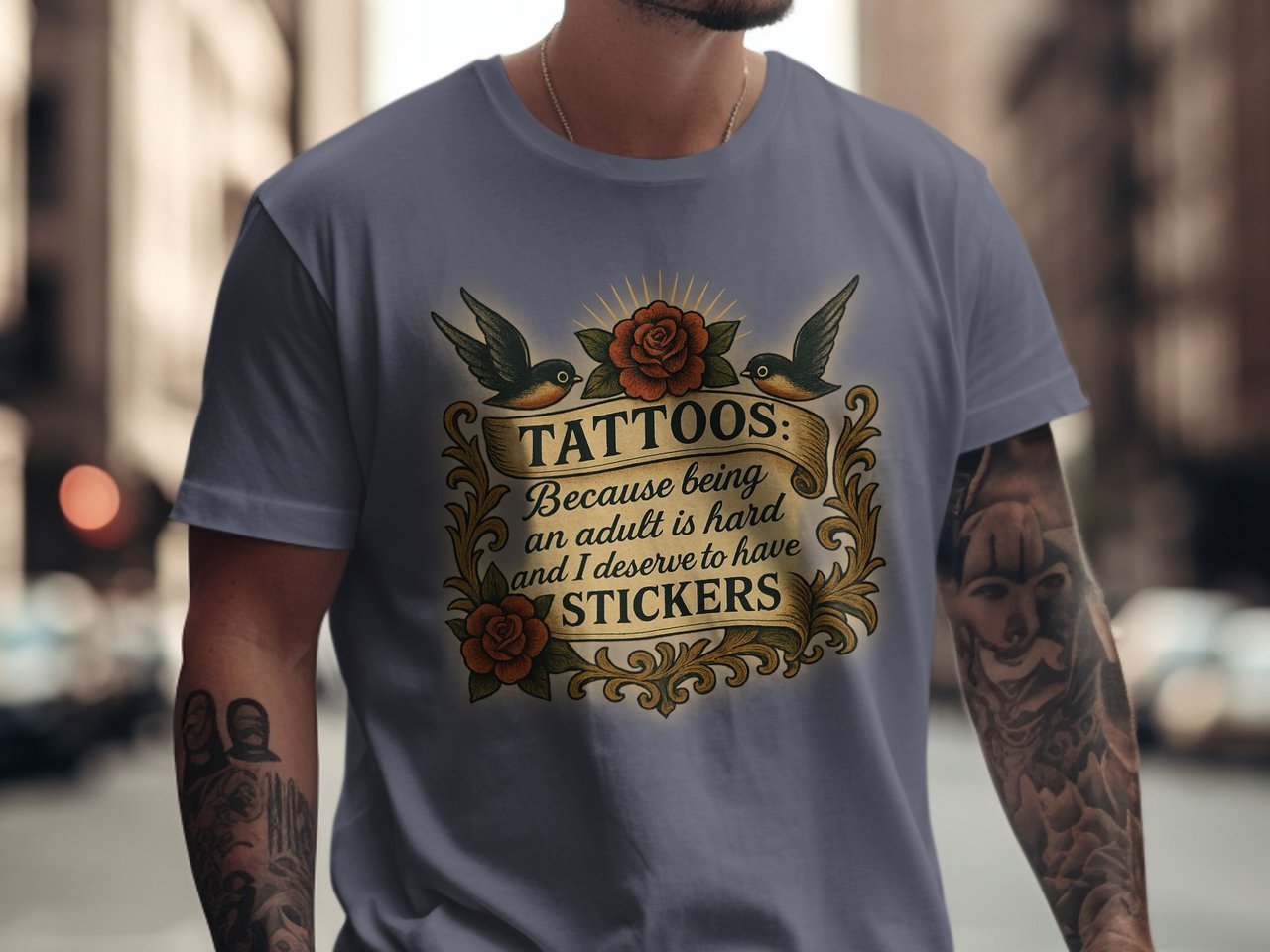 Tattoo T Shirt, National Tattoo Day Tee, Funny Adulting Gift, Bird and Rose Design, Tattoo Art Shirt, T Shirt for Sticker Lovers