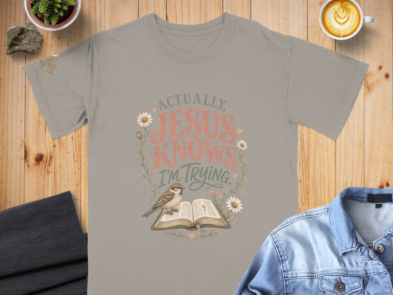 Jesus Knows I'm Trying T-Shirt, Christian Faith Tee, Inspirational Religious Gift for Her, Cottagecore Sparrow Bible Floral