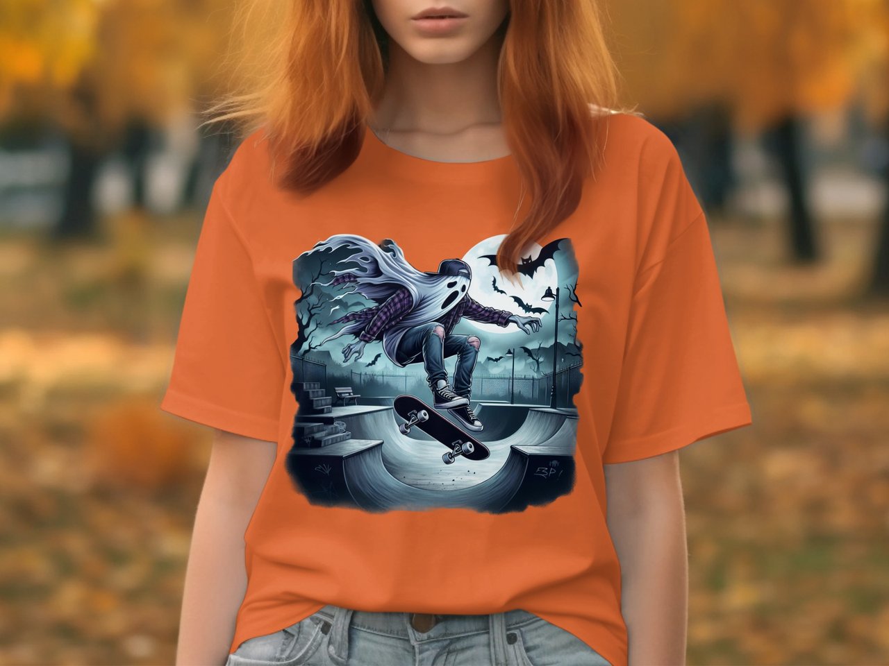 Ghost Skateboarder T-Shirt, Spooky Skatepark Tee, Halloween Skateboarding Shirt, Bats and Moon Graphic, Cool Trick T-Shirt