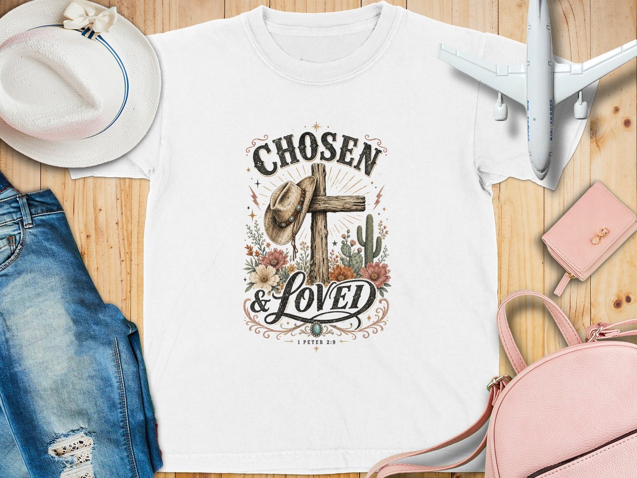 Christian Chosen Loved Youth T-Shirt, 1 Peter 2:9 Scripture Western Boho Faith Tee, Cowgirl Aesthetic Distressed Graphic Shirt