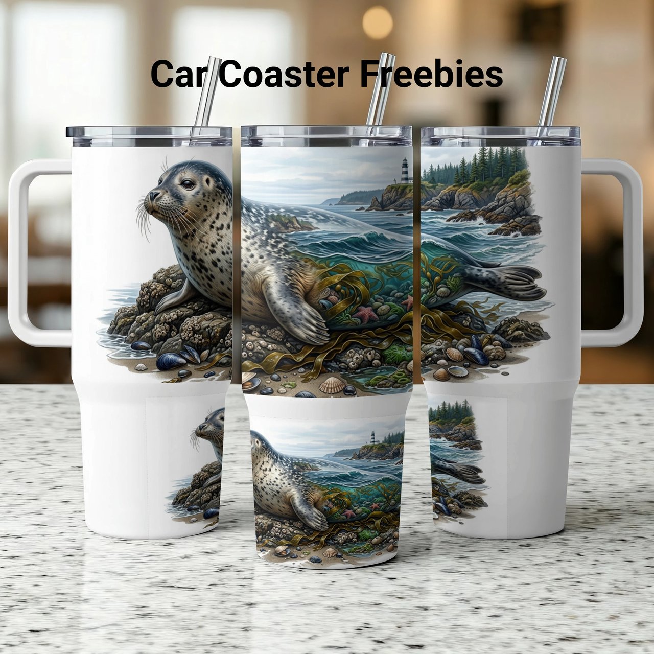 Coastal Seal Tumbler Wrap Digital Design 40oz | Ocean Lighthouse Beach Tumbler PNG Sublimation File | Marine Life Tumbler Art for Sea Lovers