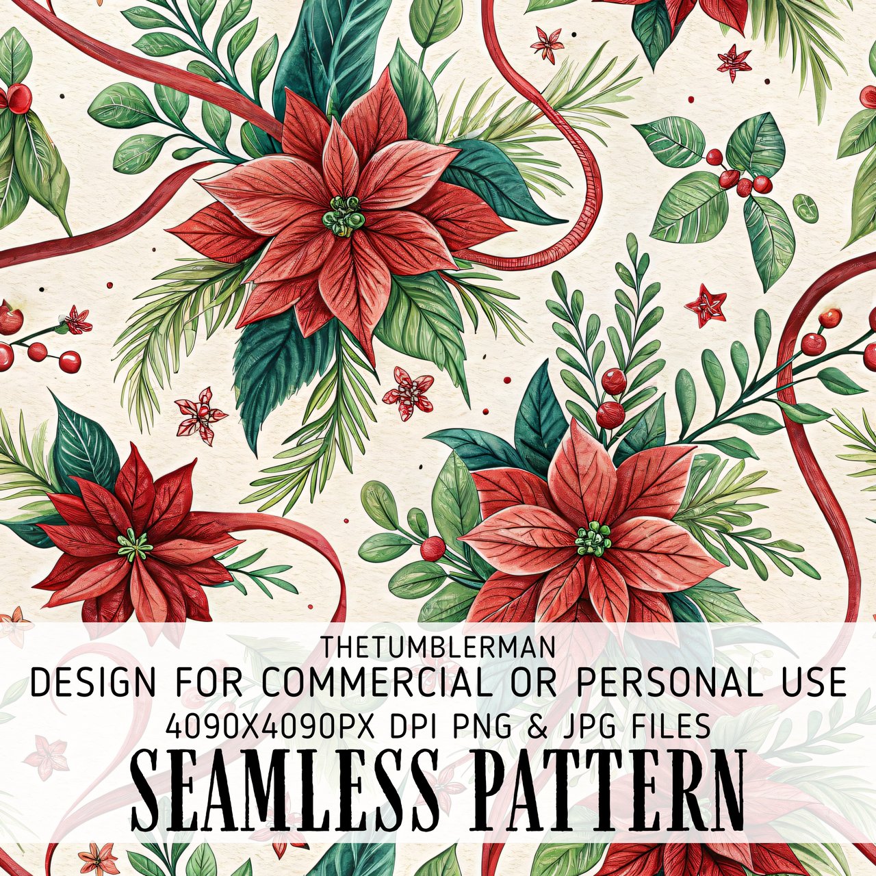 Poinsettia Tumbler Design, Christmas Digital Paper, Watercolor Floral Junk Journal, Printable PNG, Scrapbooking Paper