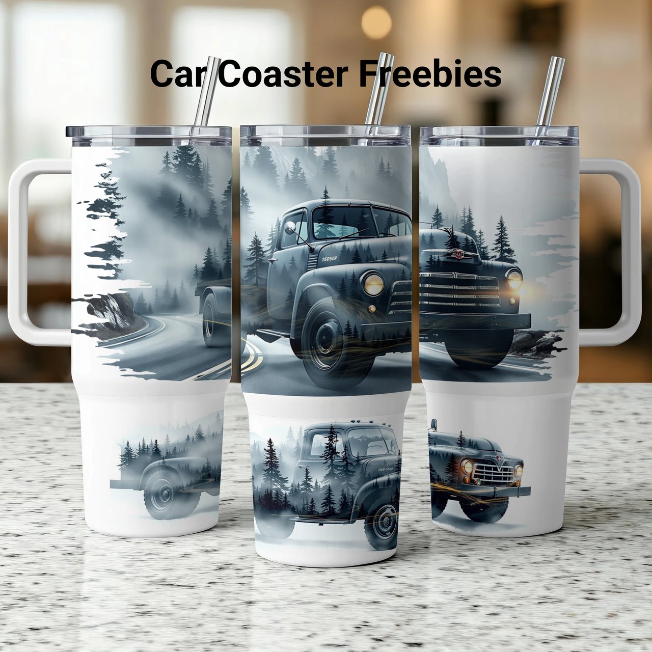 Vintage Truck 40oz Tumbler Wrap Design PNG, Misty Forest Mountain Classic Pickup Car Sublimation Wrap Digital Download for Him
