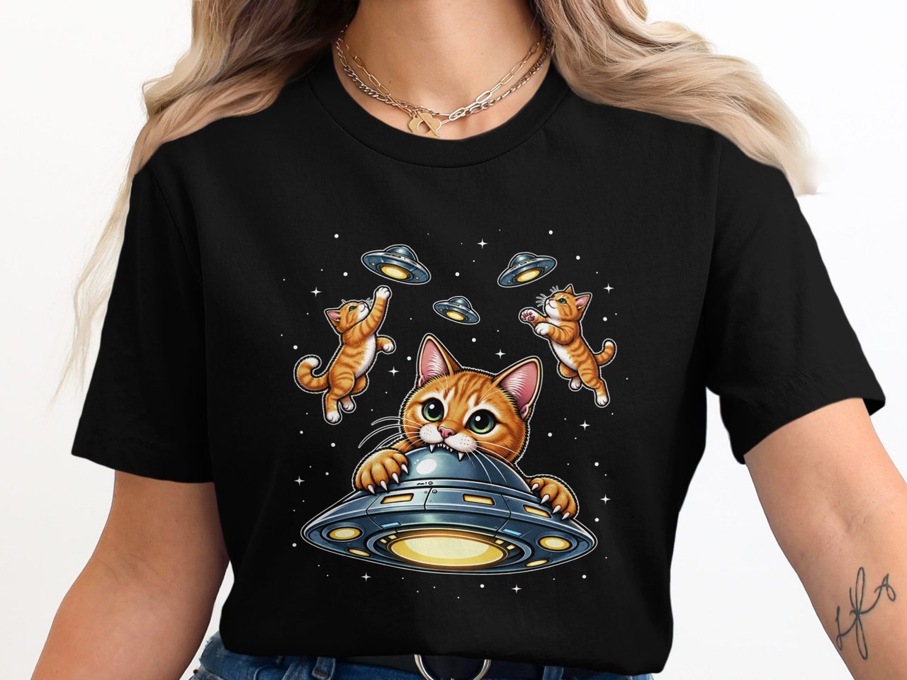 Cats feast on UFO's funny graphic -shirt, UFO Kitten Invasion Tee
