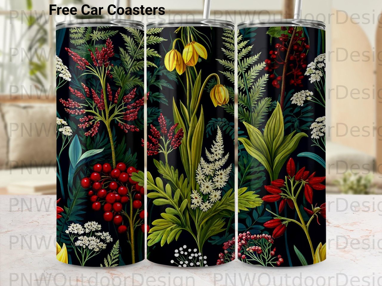 Dark Floral Tumbler Wrap PNG, Botanical Sublimation Design, Seamless 20oz Skinny Tumbler Digital File