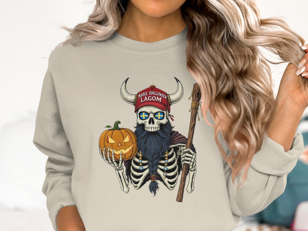 Swedish American Halloween Sweatshirt and T-shirts, Viking Skeleton, Lagom, Pumpkin, Fall Apparel, Scandinavian Pride, Unique Halloween Gift