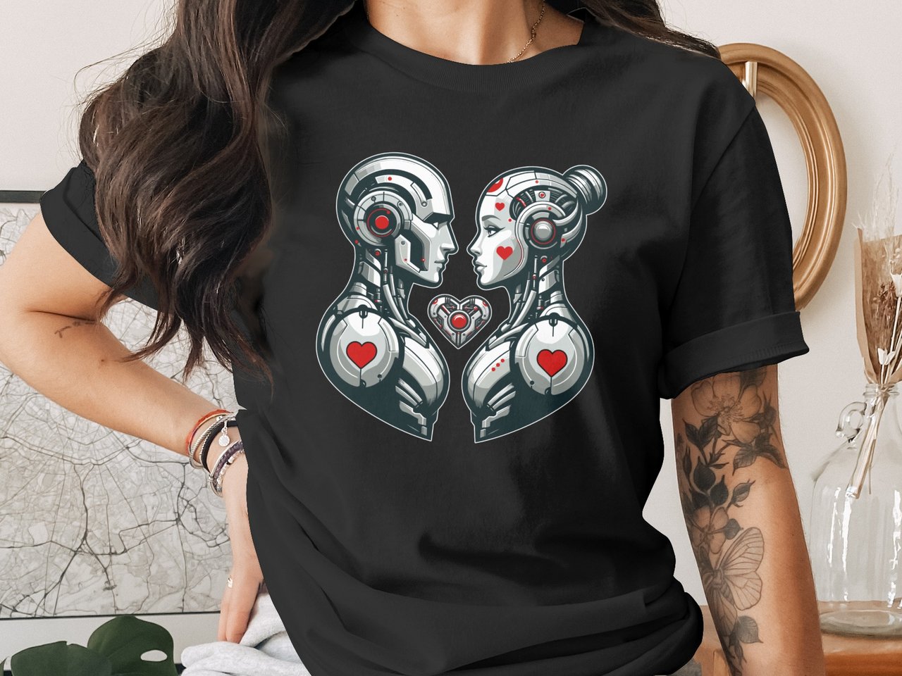 Robot Couple Love T-Shirt, Cute Cyber Romance Graphic Tee, Unisex Adult Sci-Fi Shirt, Valentine's Day Gift Idea