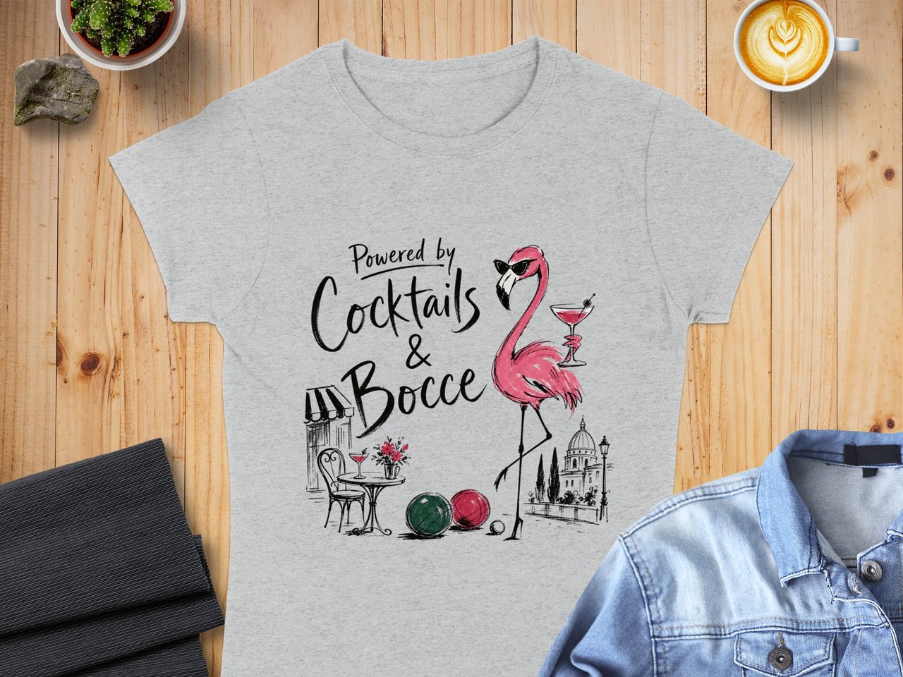 Powered by Cocktails & Bocce T-Shirt, Funny Flamingo Shirt, Cocktail Lover Tee, Bocce Ball Gift, Vacation Shirt, Summer Vibe Top