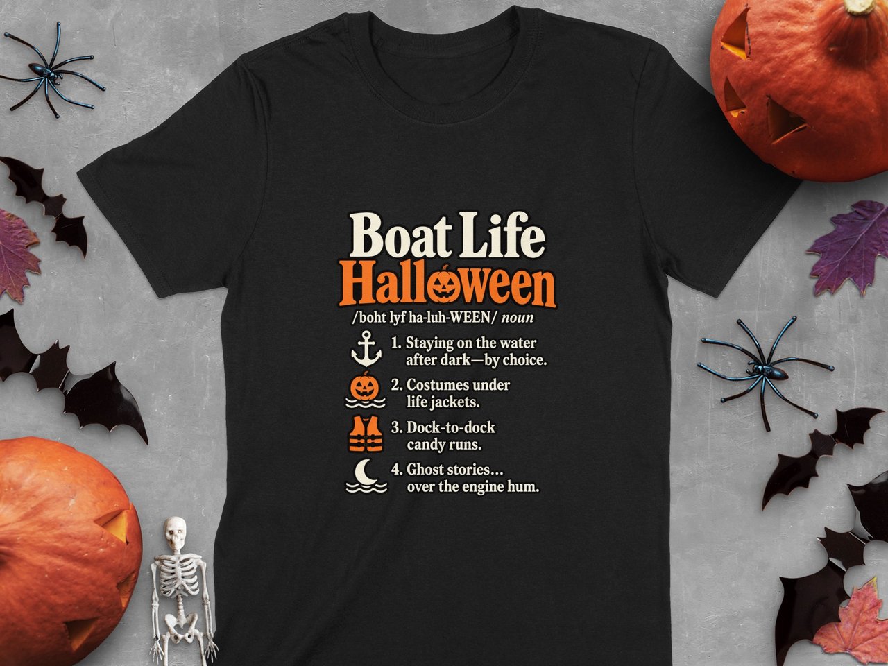 Boat Life Halloween Definition Nautical Boater Lake Ocean Anchor Pumpkin Graphic Crewneck Sweatshirts