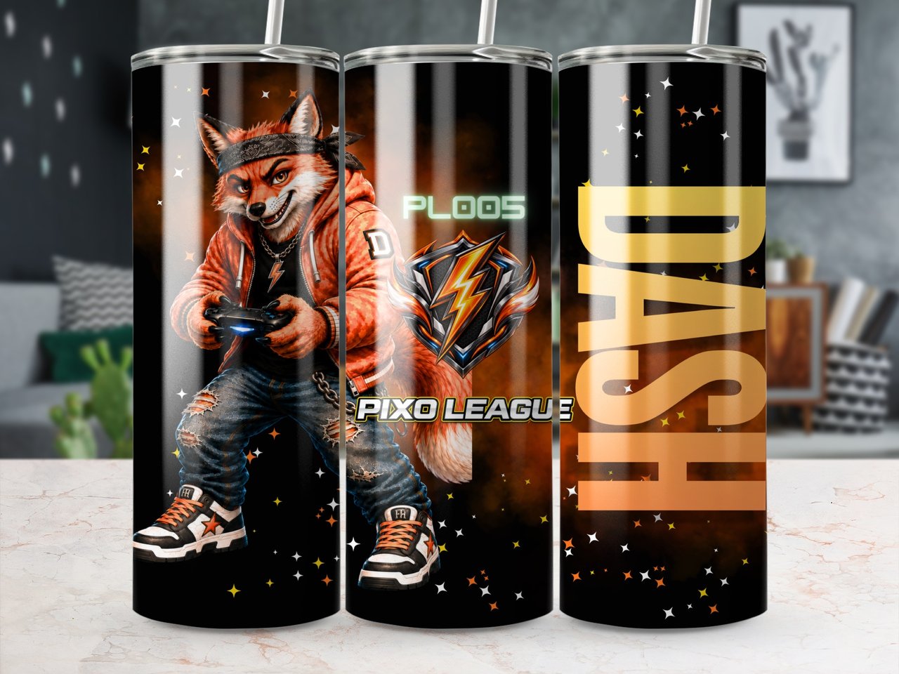 20oz Skinny Tumbler with Straw, Fox Gamer Tumbler, Gaming Cup, Video Game Gift for Boys and Teens