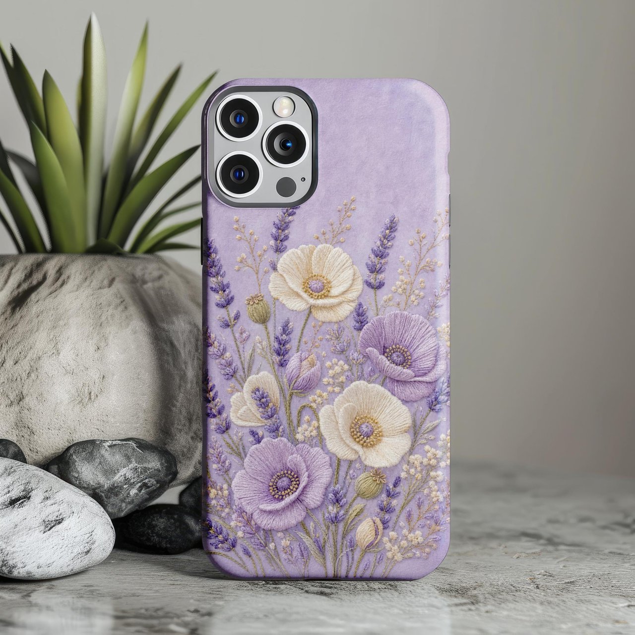 Embroidered Floral Tough Phone Case, Lavender Botanical Poppy Flower Case, Vintage Cottagecore Gift for Her, Aesthetic Floral Phone Cover