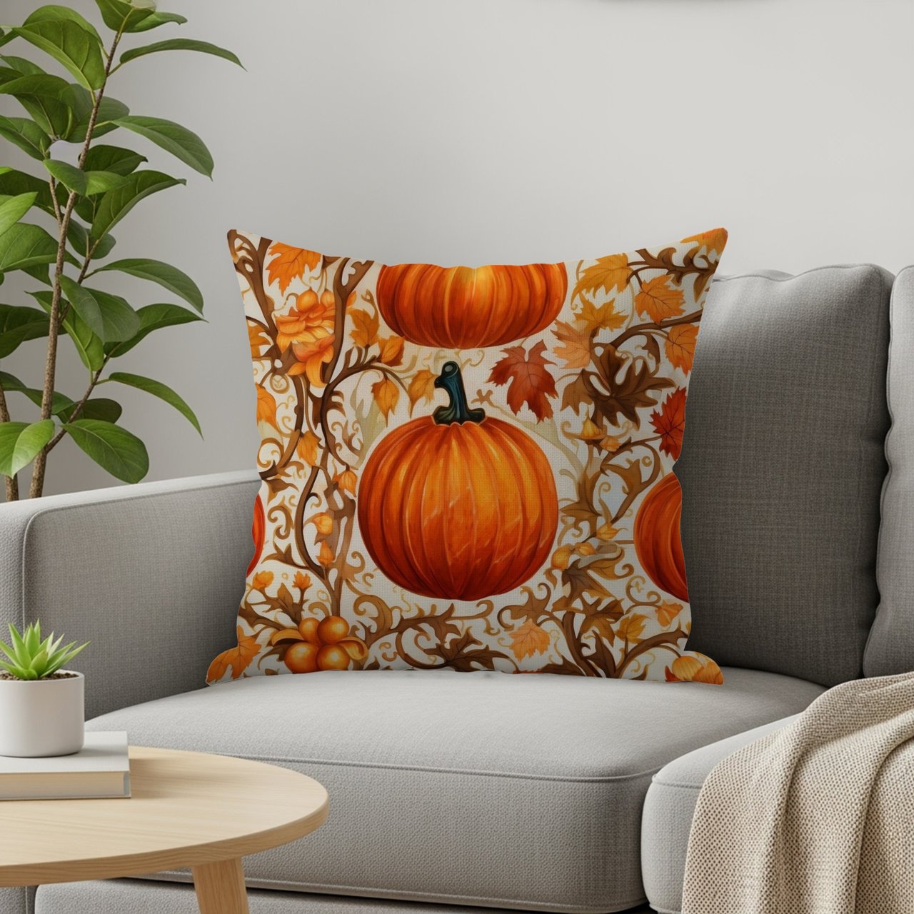 Autumn Pumpkin Blanket and Pillow, Fall Leaves Decor, Thanksgiving Throw Blanket, Seasonal Home Decor, Farmhouse Autumn Theme