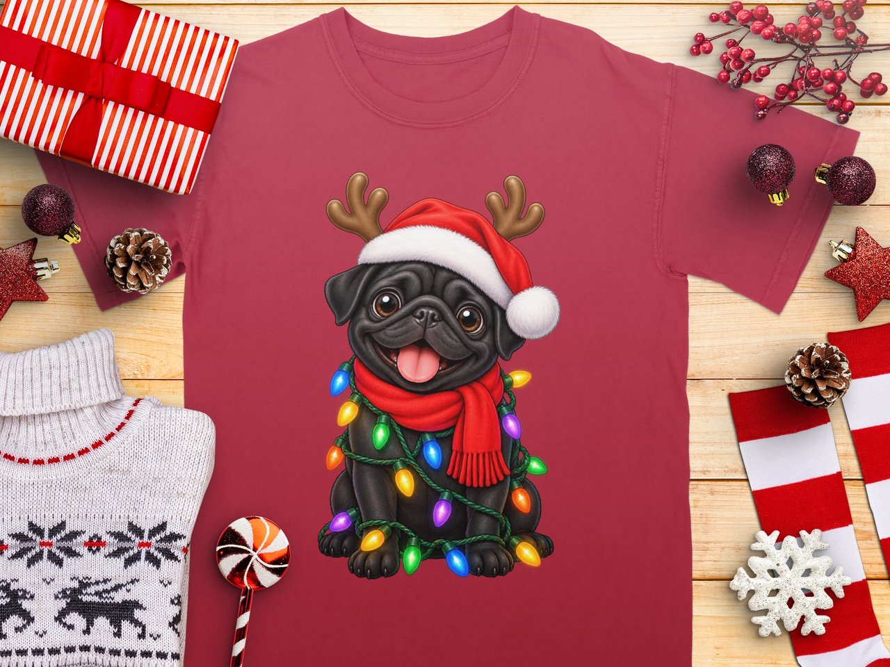 Black Pug Dog Santa Hat Reindeer Antlers Red Scarf Christmas Lights Standard T-Shirts