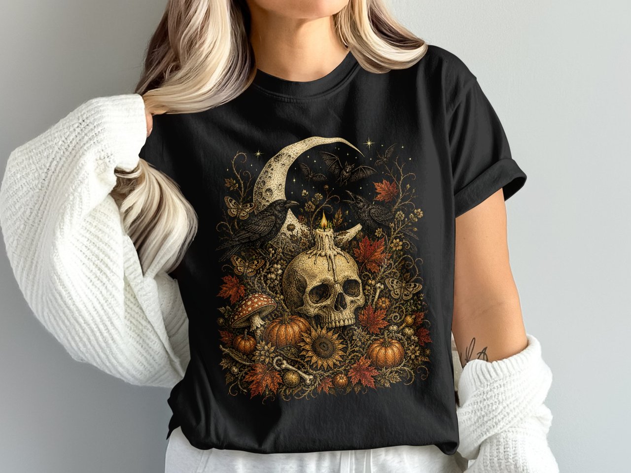 Dark Academia Skull T-Shirt, Gothic Autumn Witchy Folk Art Graphic Tee, Spooky Comfort Colors® Halloween Shirt Fall Lover Gift