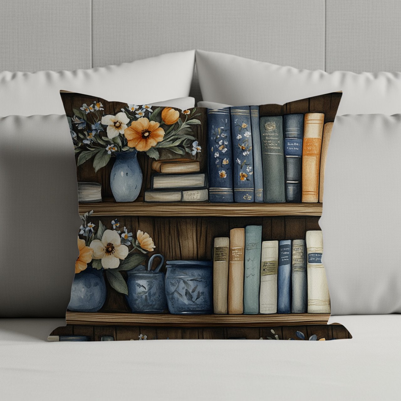Bookshelf Throw Blanket and Pillow:  Cozy Floral Blanket,  Bookish Gift Decorative Pillow