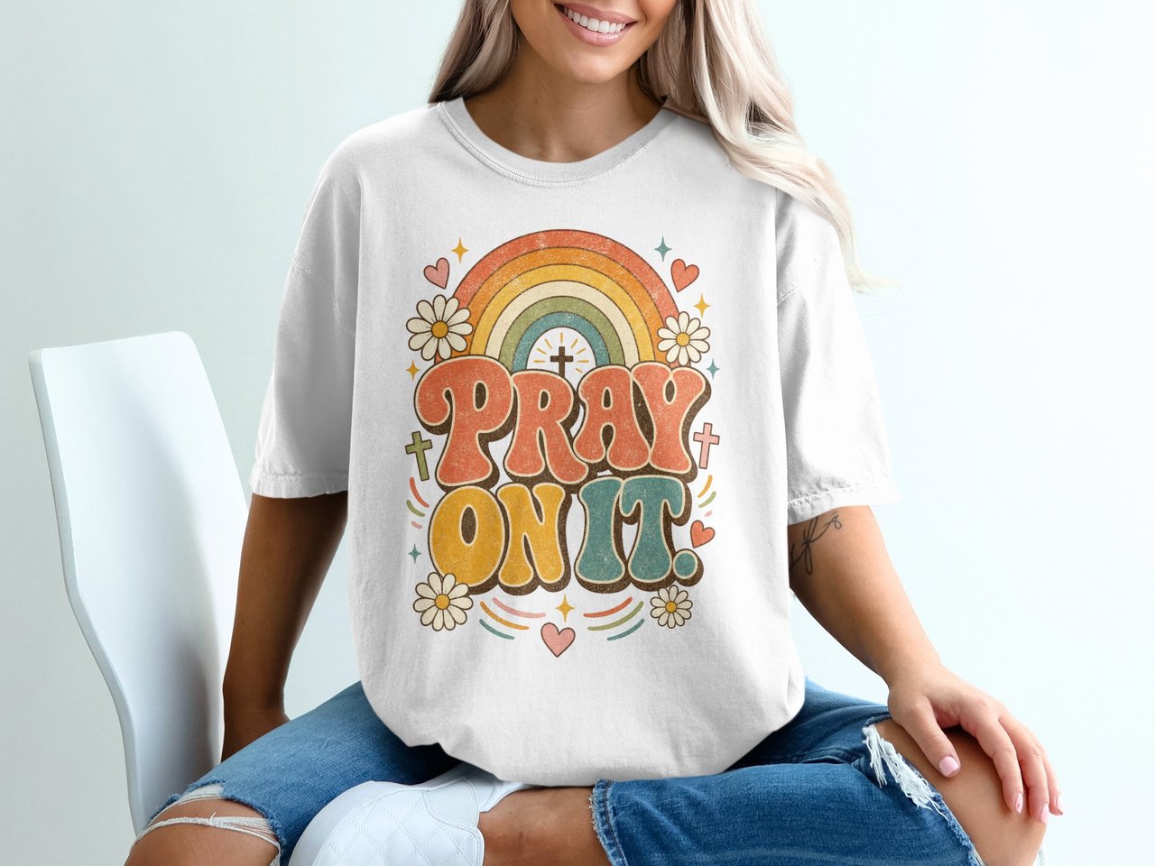 Pray On It Retro T-Shirt, Christian Rainbow Daisy Graphic Tee, Faith Based Scripture Shirt, Religious Gift for Her
