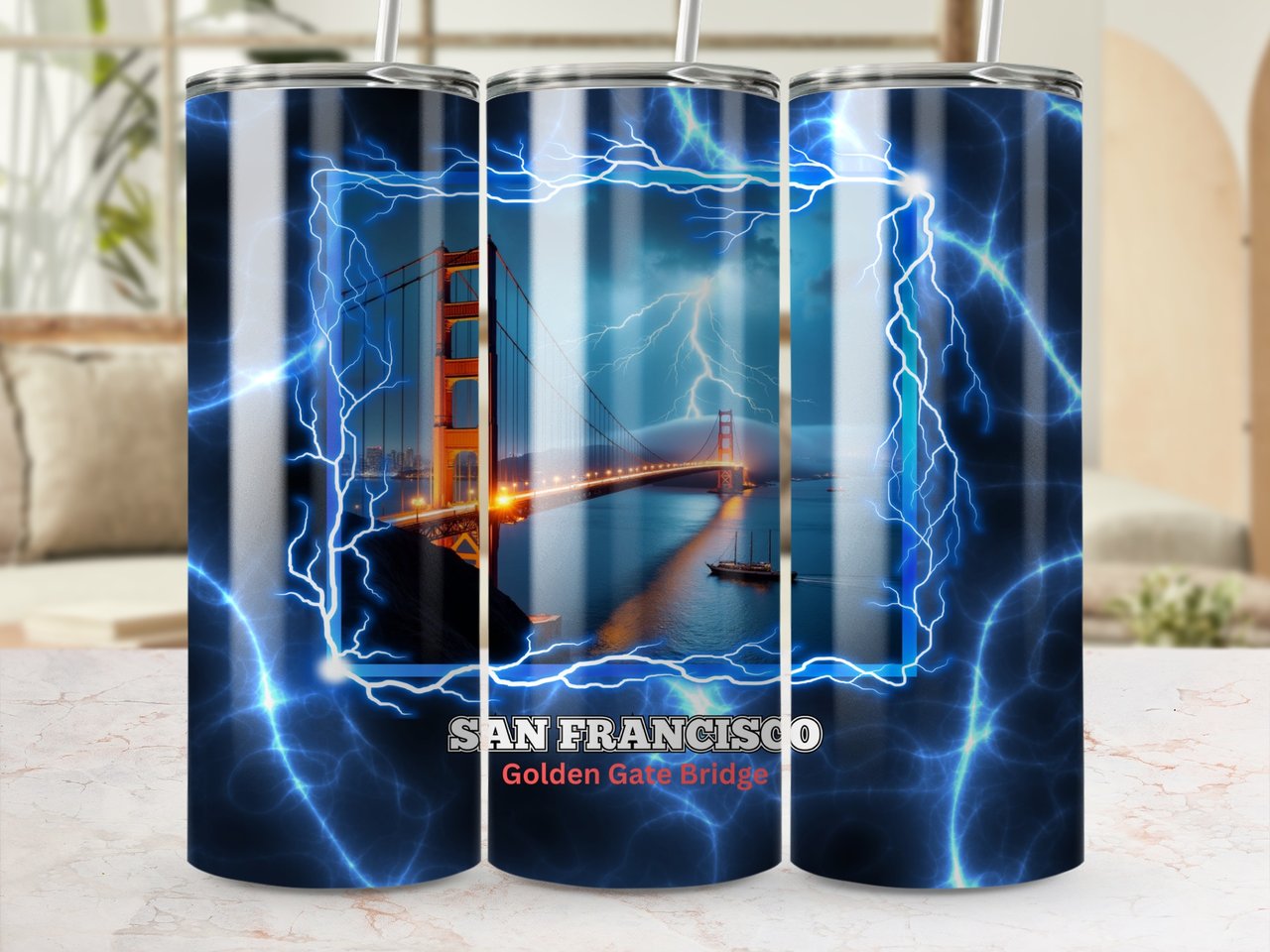 San Francisco Tumbler Wrap Golden Gate Bridge Lightning Digital Download 20oz Skinny Seamless Full Wrap PNG Design