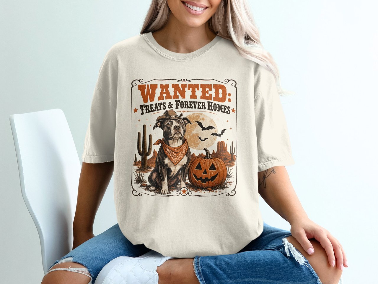 Pitbull Halloween T-Shirt, Wanted Treats Forever Homes, Western Cowboy Pitbull Pumpkin Bats Spooky Fall Tee