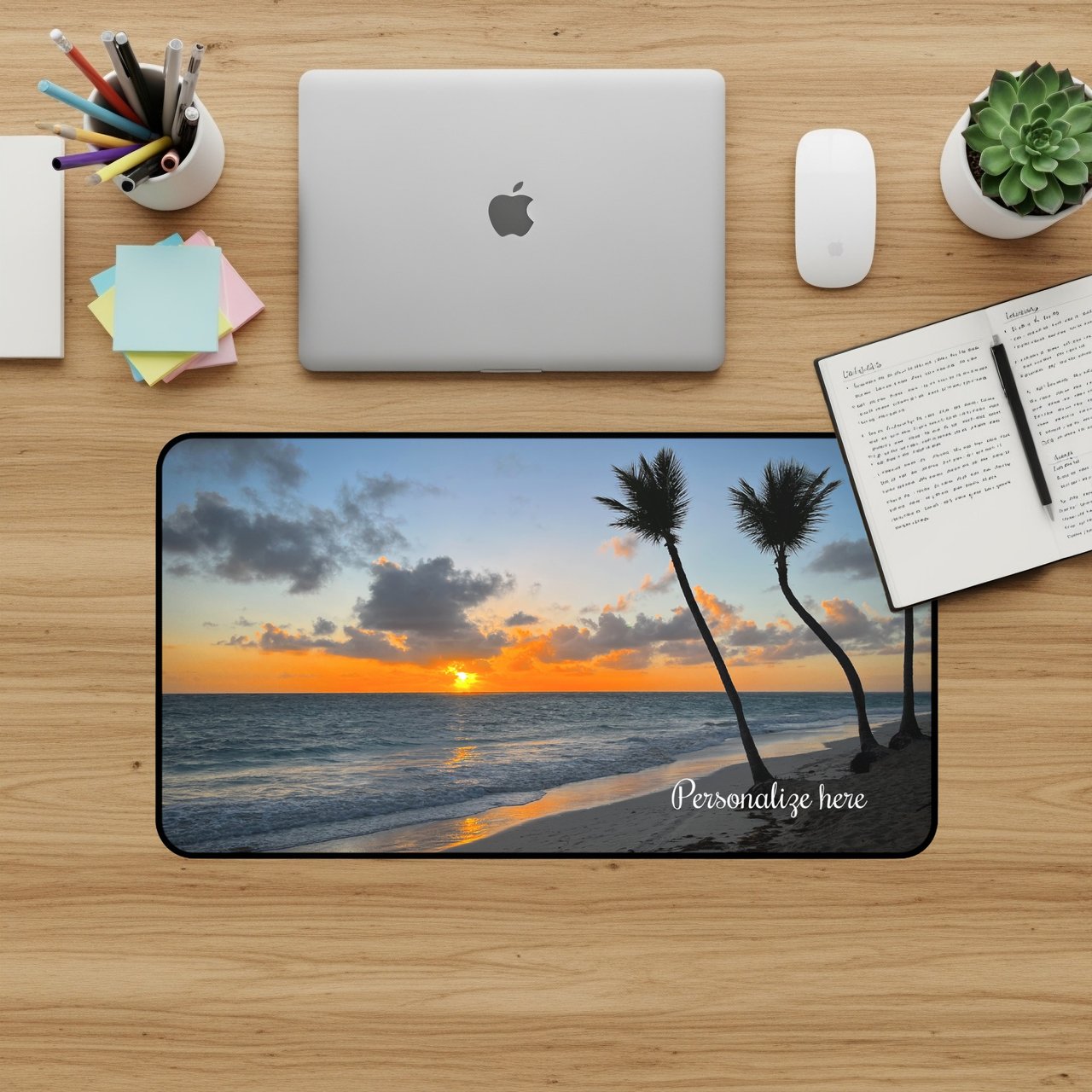 Relaxing Beach Sunset Mouse Pad, Tropical Palm Tree Ocean Desk Mat, Personalizable Coastal Work From Home Aesthetic Office Gift for Traveler