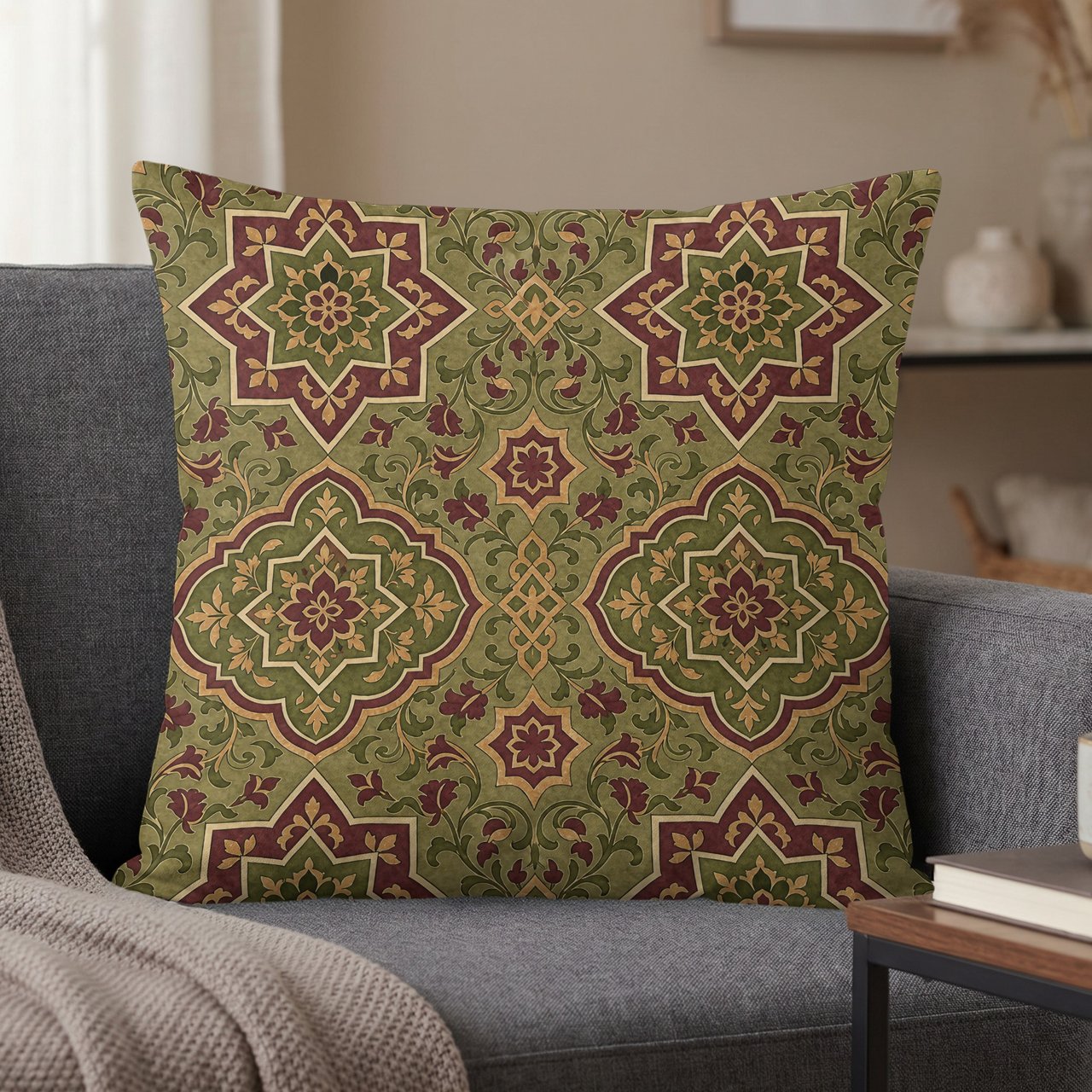Moroccan Pillow Case | Geometric Green Burgundy Throw Pillow Cover | Ornate Moorish Tile Pattern Decor Cushion