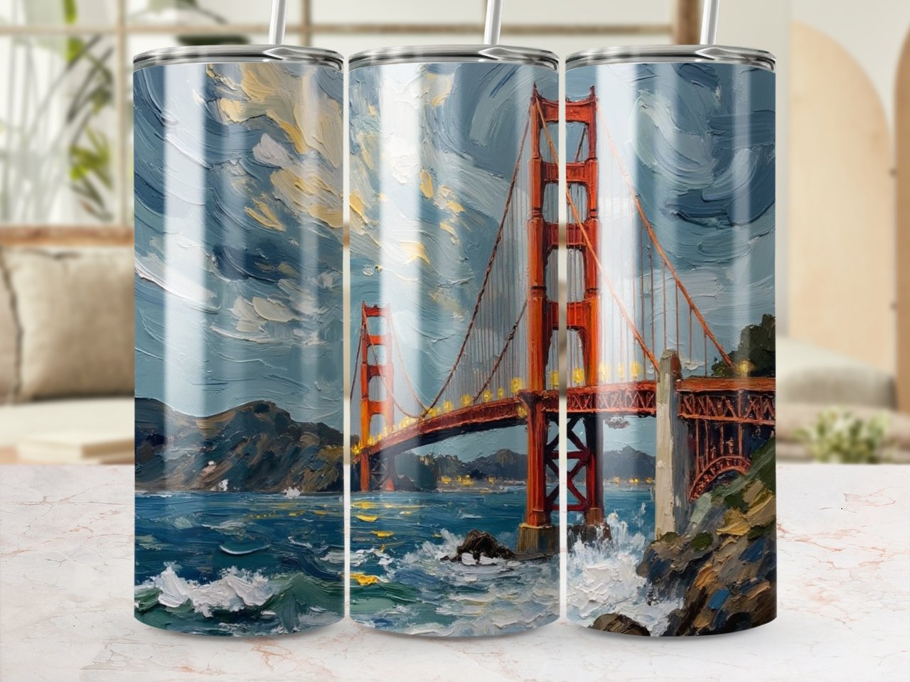 Golden Gate Bridge Tumbler Wrap: San Francisco Landmark, Artistic, 20oz Sublimation Design, Commercial License PNG