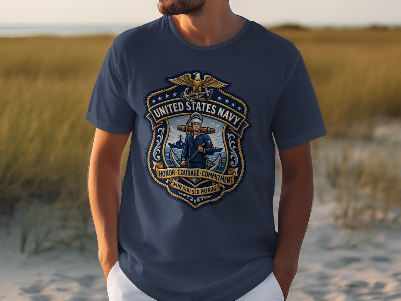 United States Navy Crest T-Shirt | Patriotic USN Sailor Military Pride Apparel | Honor Courage Commitment Veteran Gift Tee