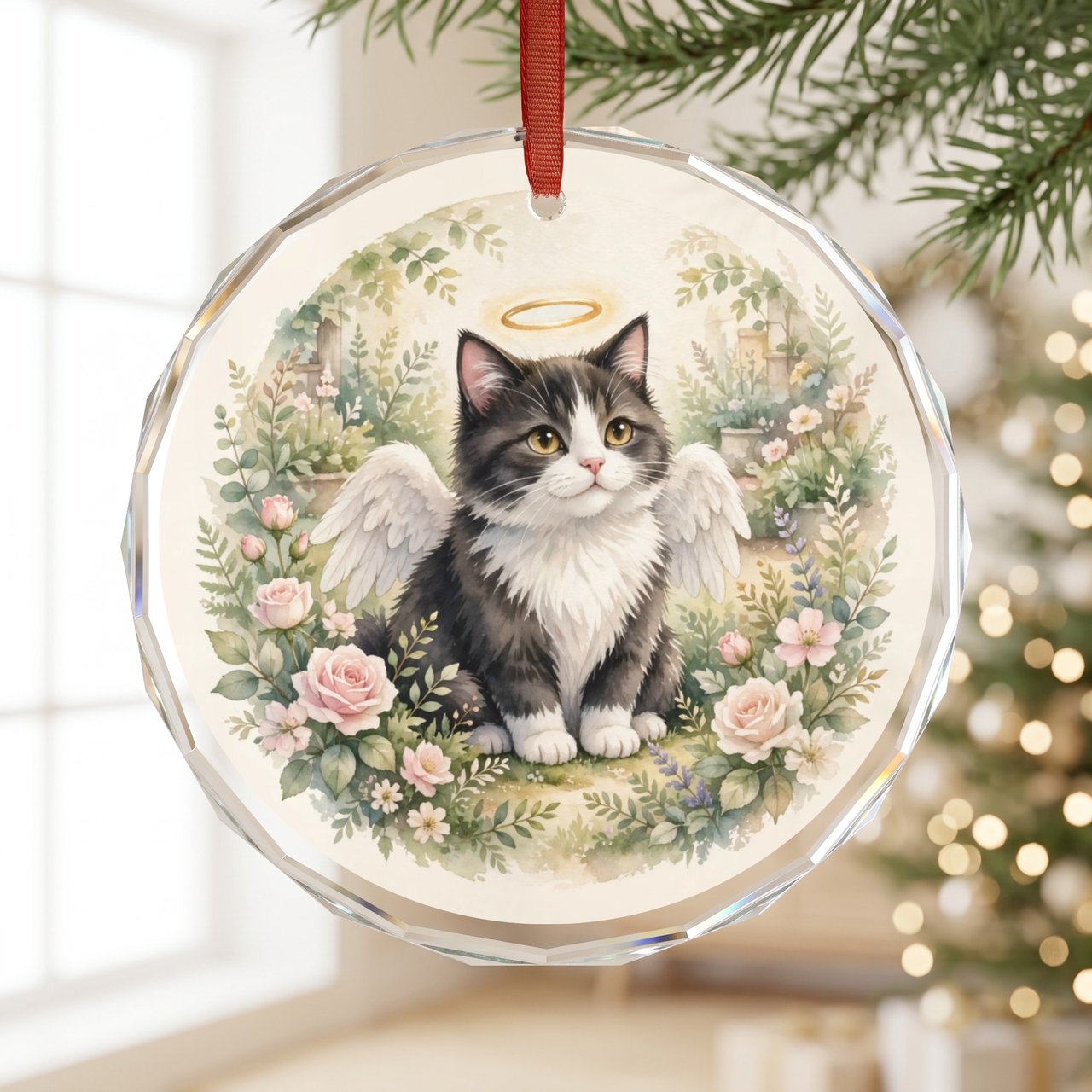 Tuxedo Cat Memorial Ornament — Angel Cat Sympathy Gift, Personalized Pet Loss Keepsake