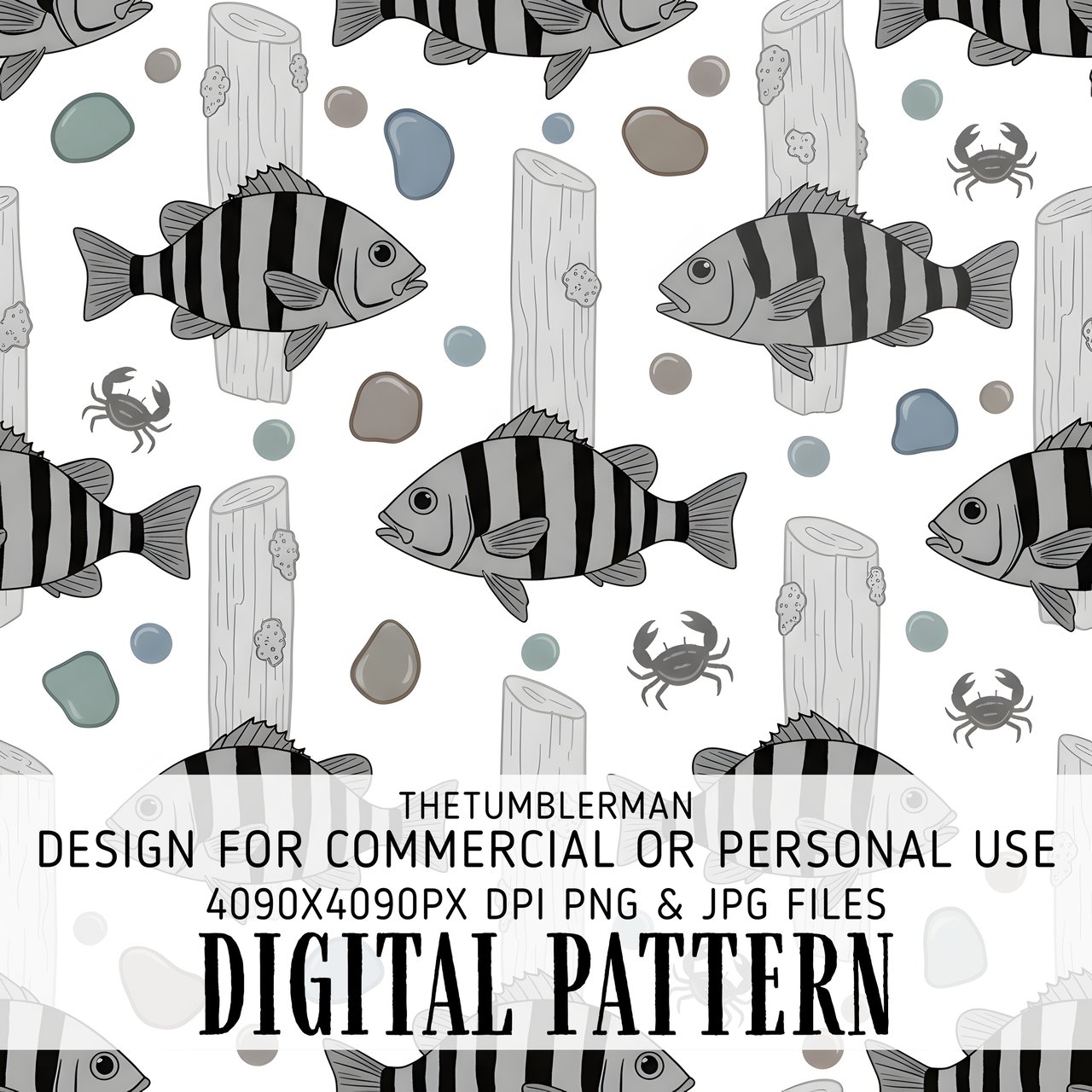 Digital Fish Pattern, Striped Bass Design, Crab Illustration, Wood Seamless, Aquatic Digital Bundle, Commercial Use Pattern, Download