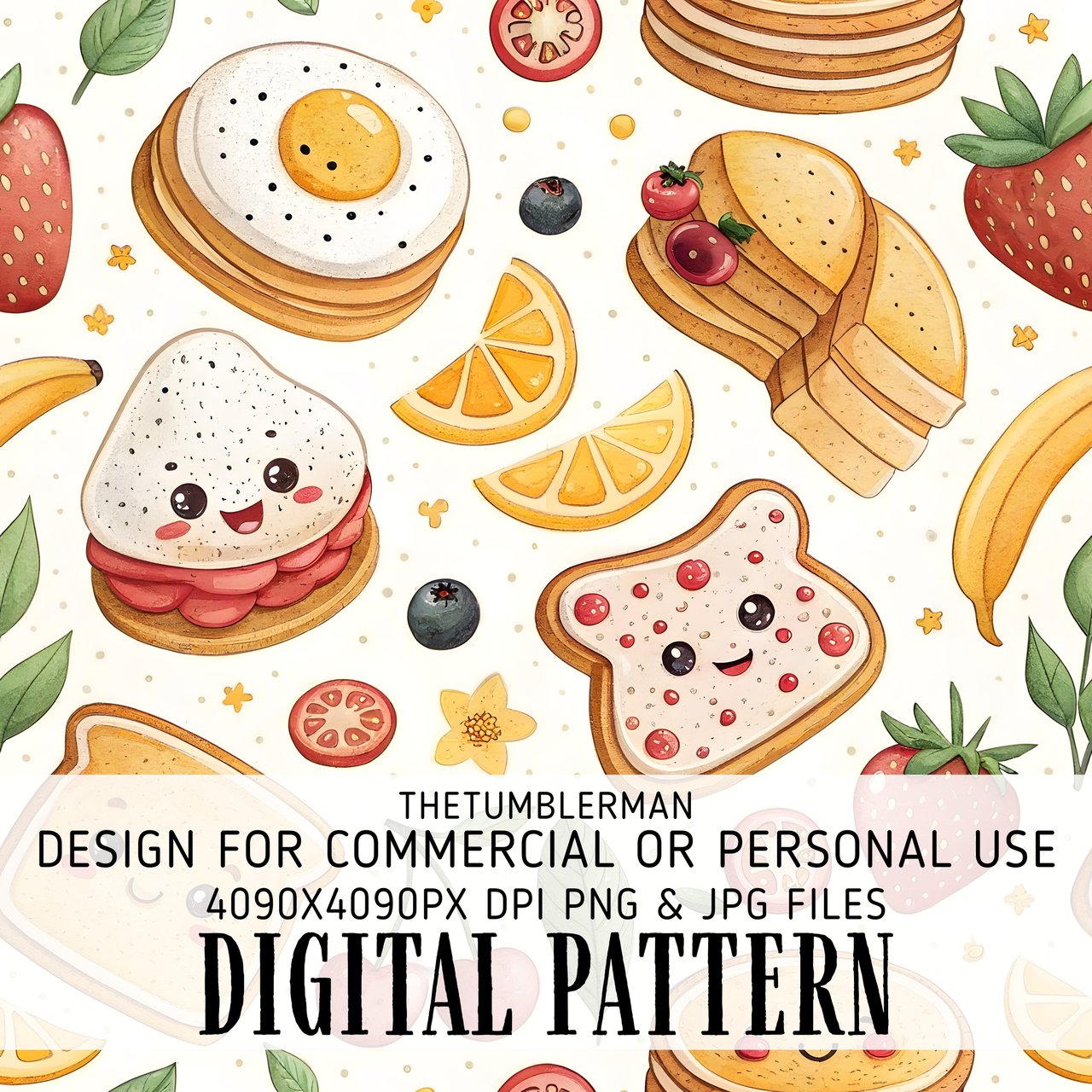 Digital Pattern Bundle, Kawaii Food Pattern, Cute Breakfast Digital, Egg, Pancake, Toast, Strawberry, Banana, Seamless Design, Digital