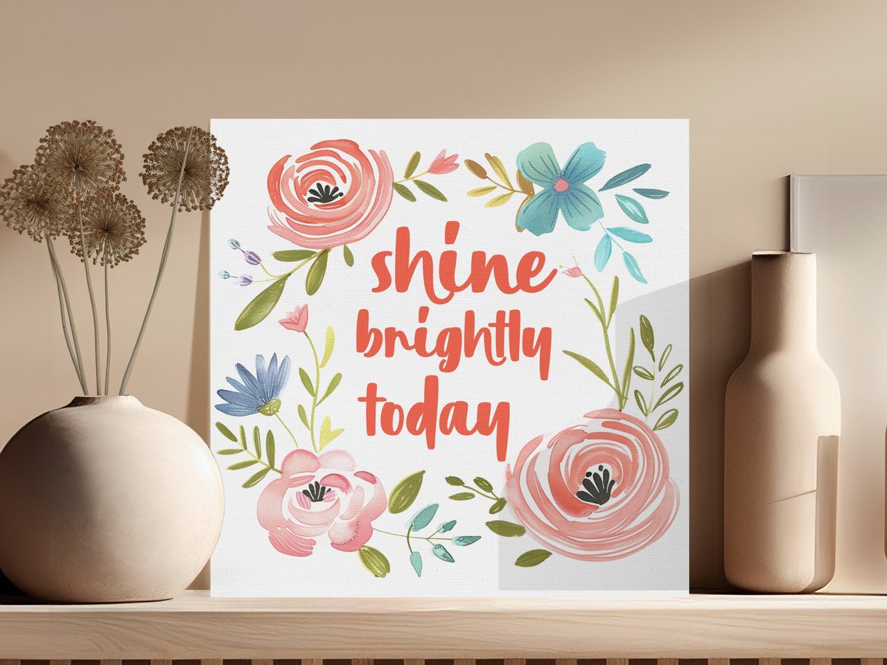 Shine Brightly Today Floral Canvas Wrap, Motivational Quote Art, Watercolor Flowers Wall Decor, Inspirational Gift for Her, Home Office