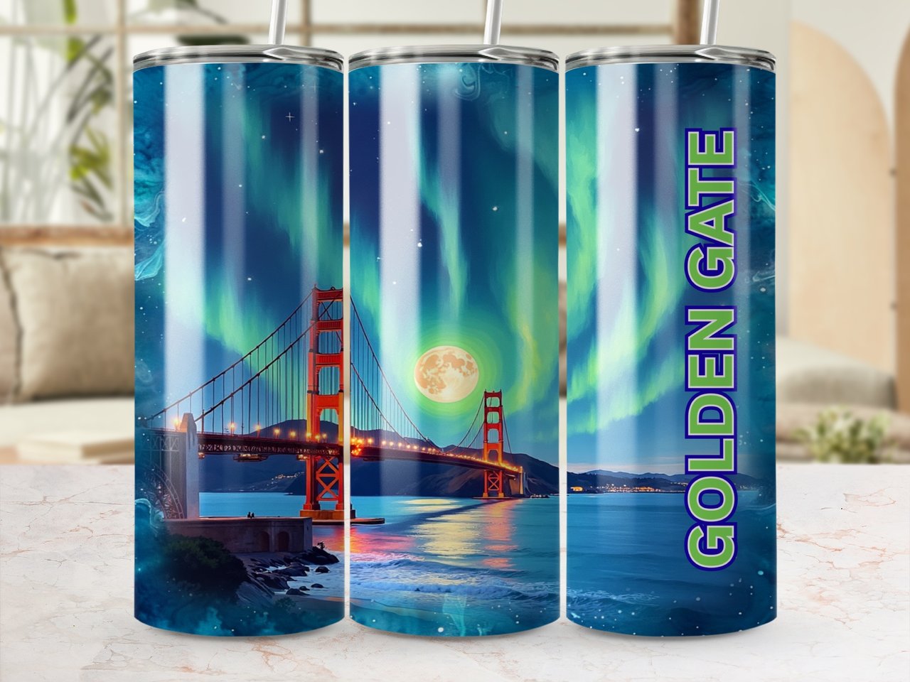 Golden Gate Bridge 20oz Tumbler Wrap, San Francisco Full Wrap, Northern Lights, Seamless Tumbler Design, California Skyline