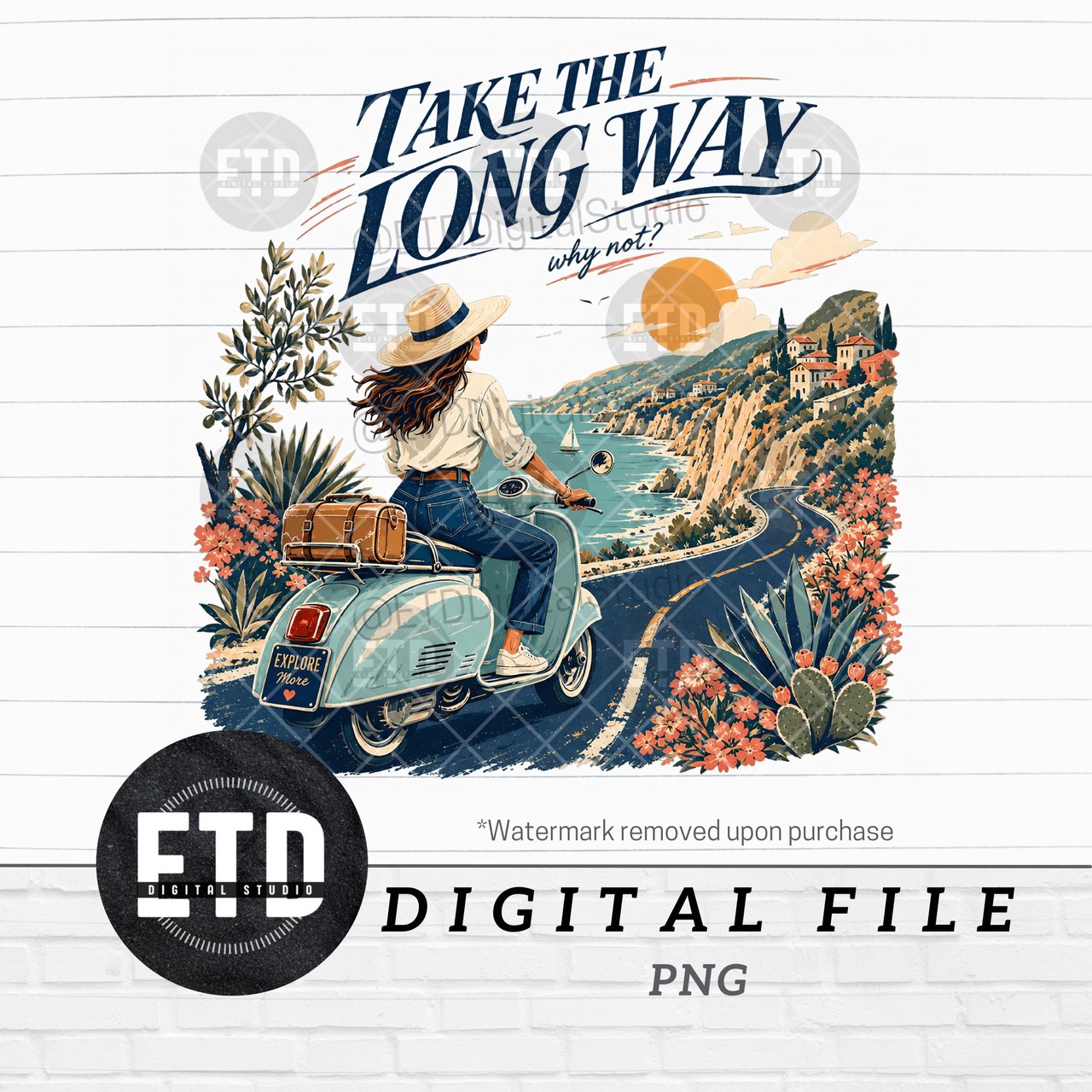 Take The Long Way Coastal Scooter Adventure PNG Digital File | Retro Travel Sublimation Design | Wanderlust Vacation Road Trip Graphic