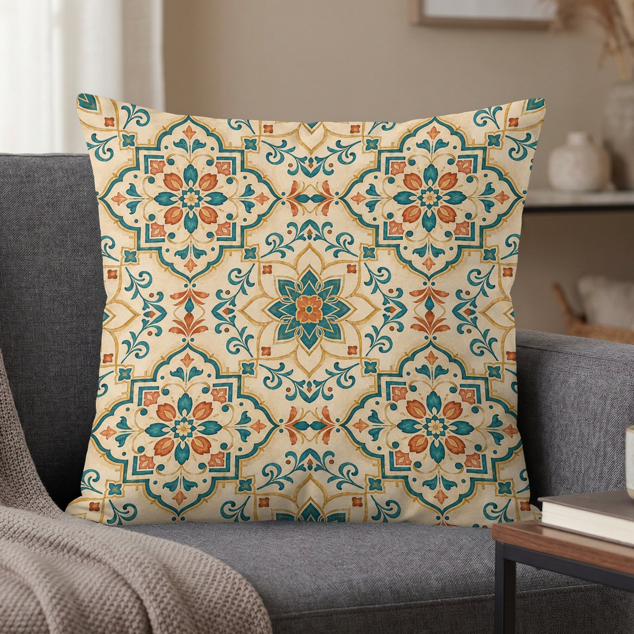 Moroccan Tile Pillow Case | Teal Orange Yellow Boho Accent Cushion Cover | Mediterranean Decor Housewarming Gift