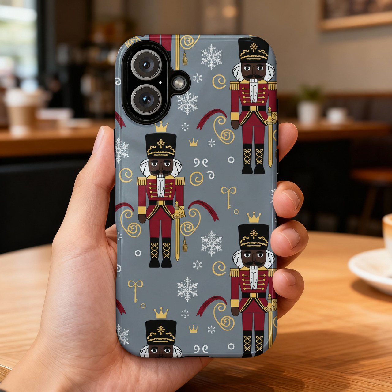 Black Nutcracker iPhone Case: Holiday Design, Gray Background, Festive Season