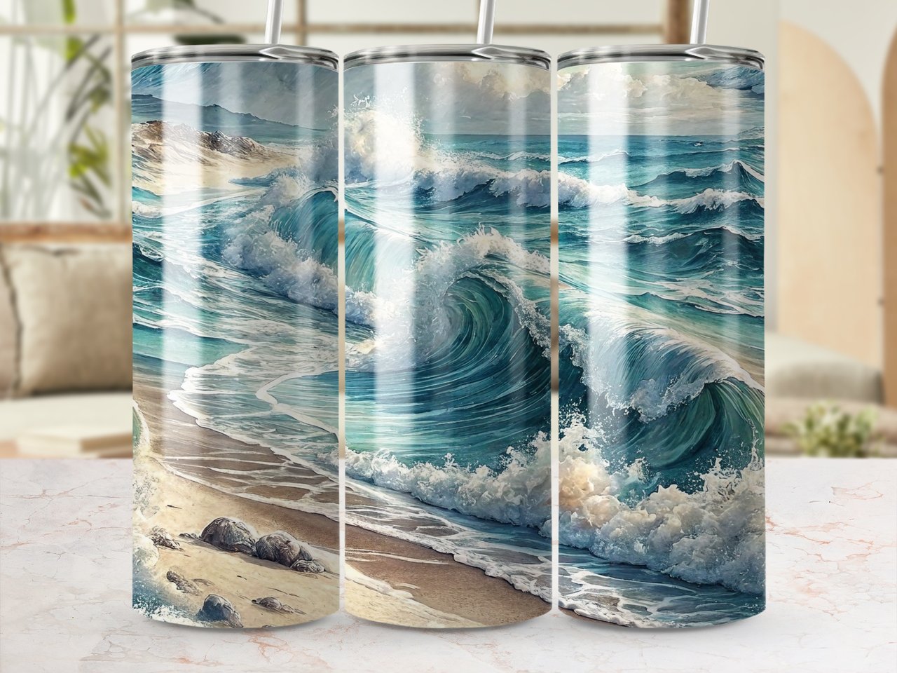 Ocean Wave Seamless Tumbler Wrap PNG, Beach Tumbler Design, Watercolor Tumbler Sublimation, 20oz Skinny Tumbler Design, Digital Download
