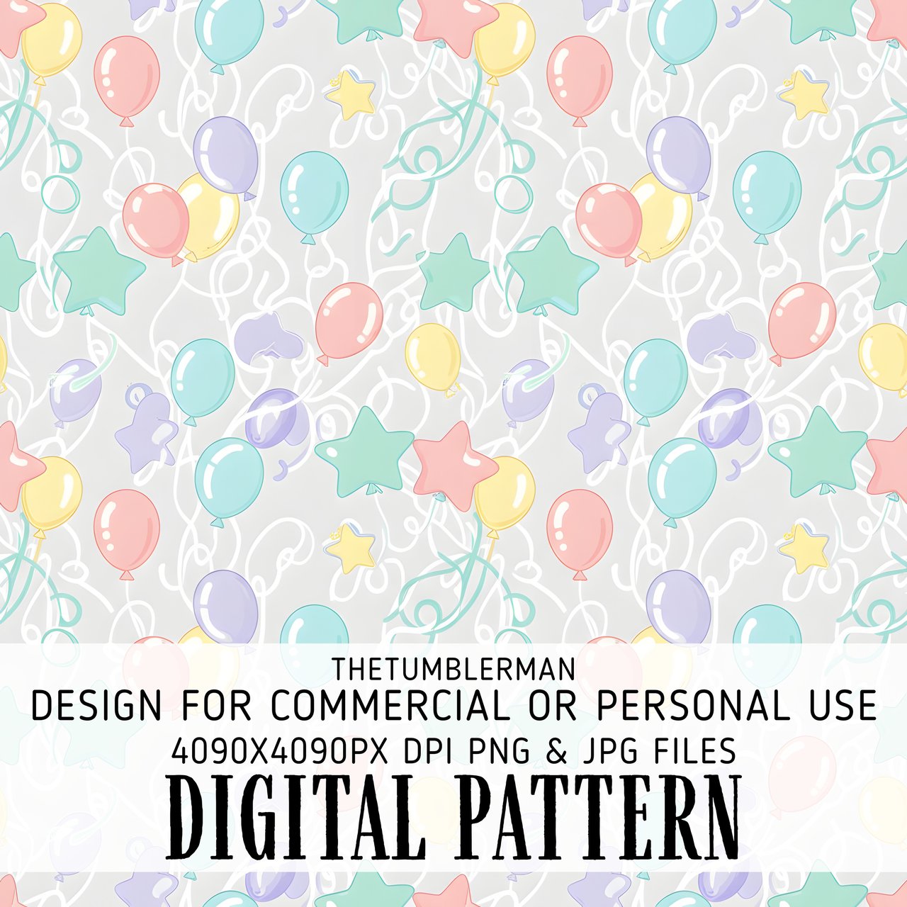 Digital Pattern, Balloons and Stars, Birthday Party, Seamless Repeat Pattern, Pastel Colors, Digital Bundle, Commercial Use, Graphic Design