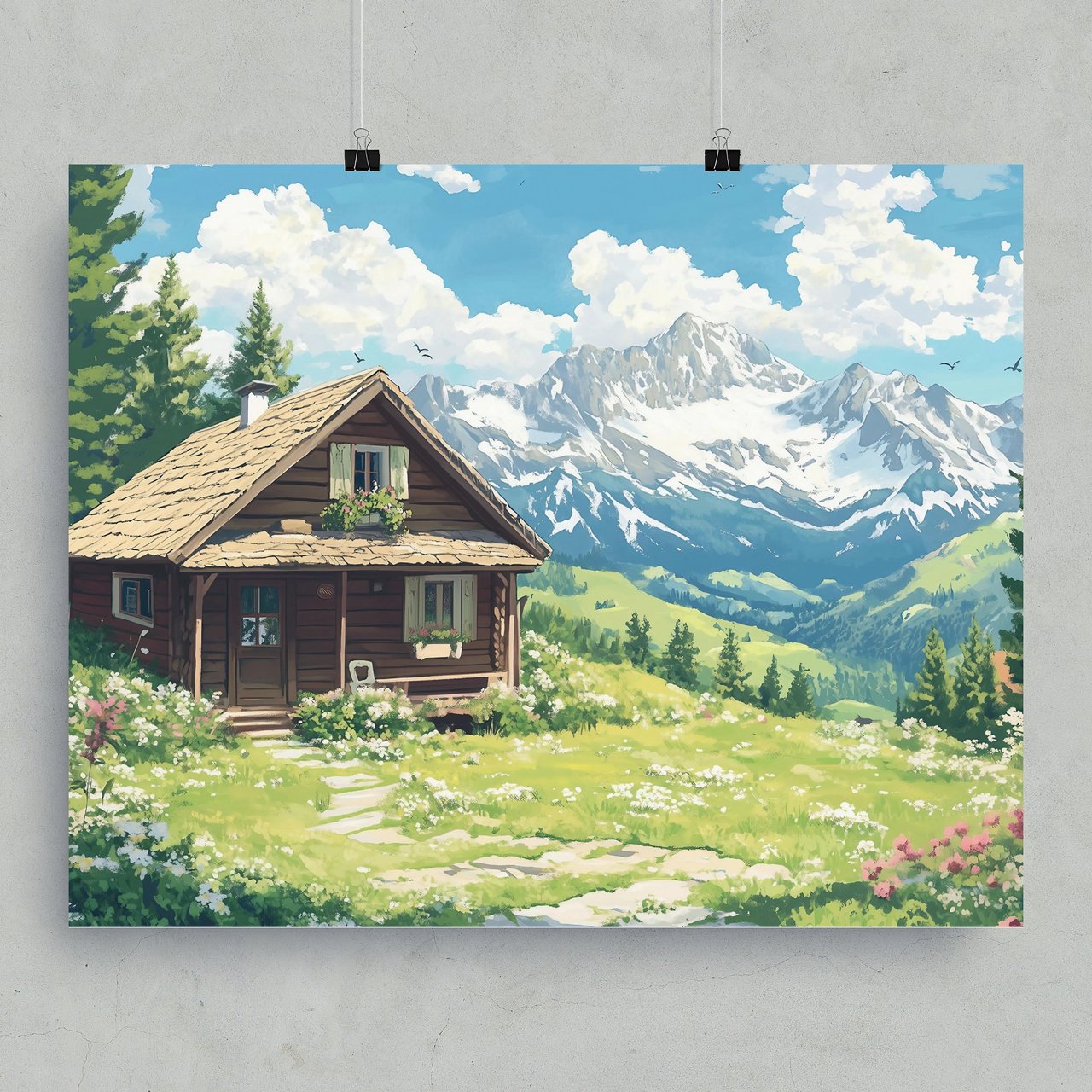 Mountain Cabin Poster, Framed Poster, Alpine Landscape, Cottagecore Decor, Mountain View Art, Cozy Home Print, Nature Artwork, Wall Decor