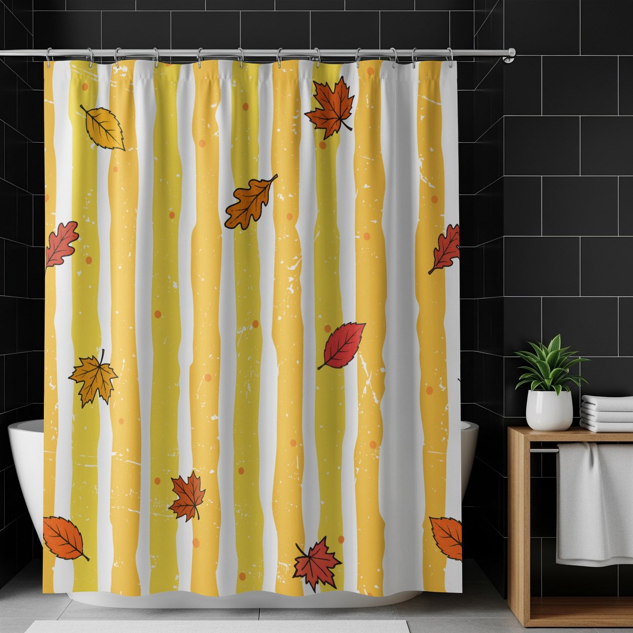 Fall Leaves Shower Curtain, Bath Mat, Cozy Autumn Bathroom Decor, Yellow Striped Thanksgiving Bath Rug, Cottagecore Fall Leaves Home Decor