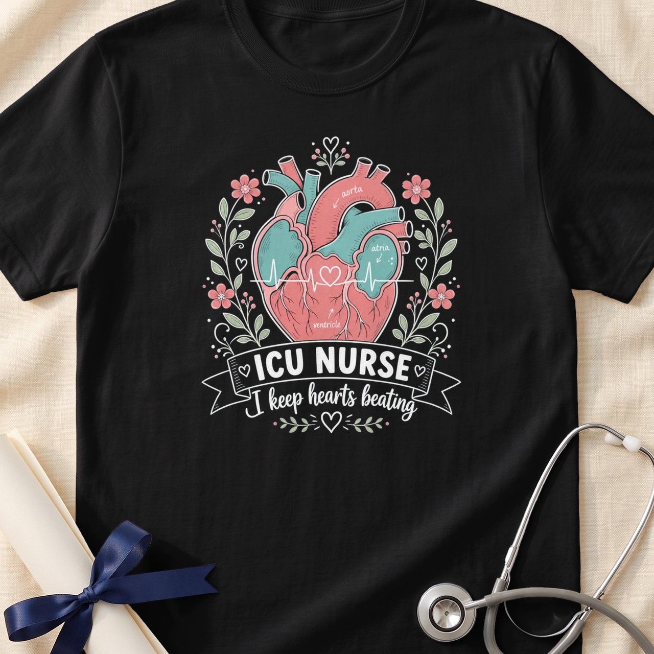 ICU Nurse Heartbeat Floral T-Shirt