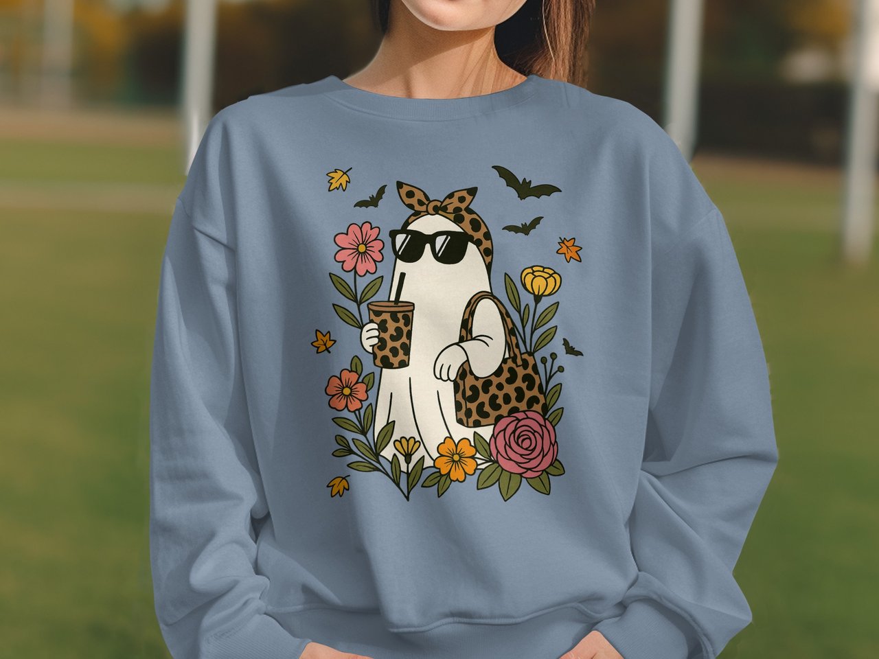 Groovy Ghost T-Shirt, Spooky Season Sweatshirt, Cute Halloween Leopard Print Ghost with Coffee and Flowers, Fall Vibes