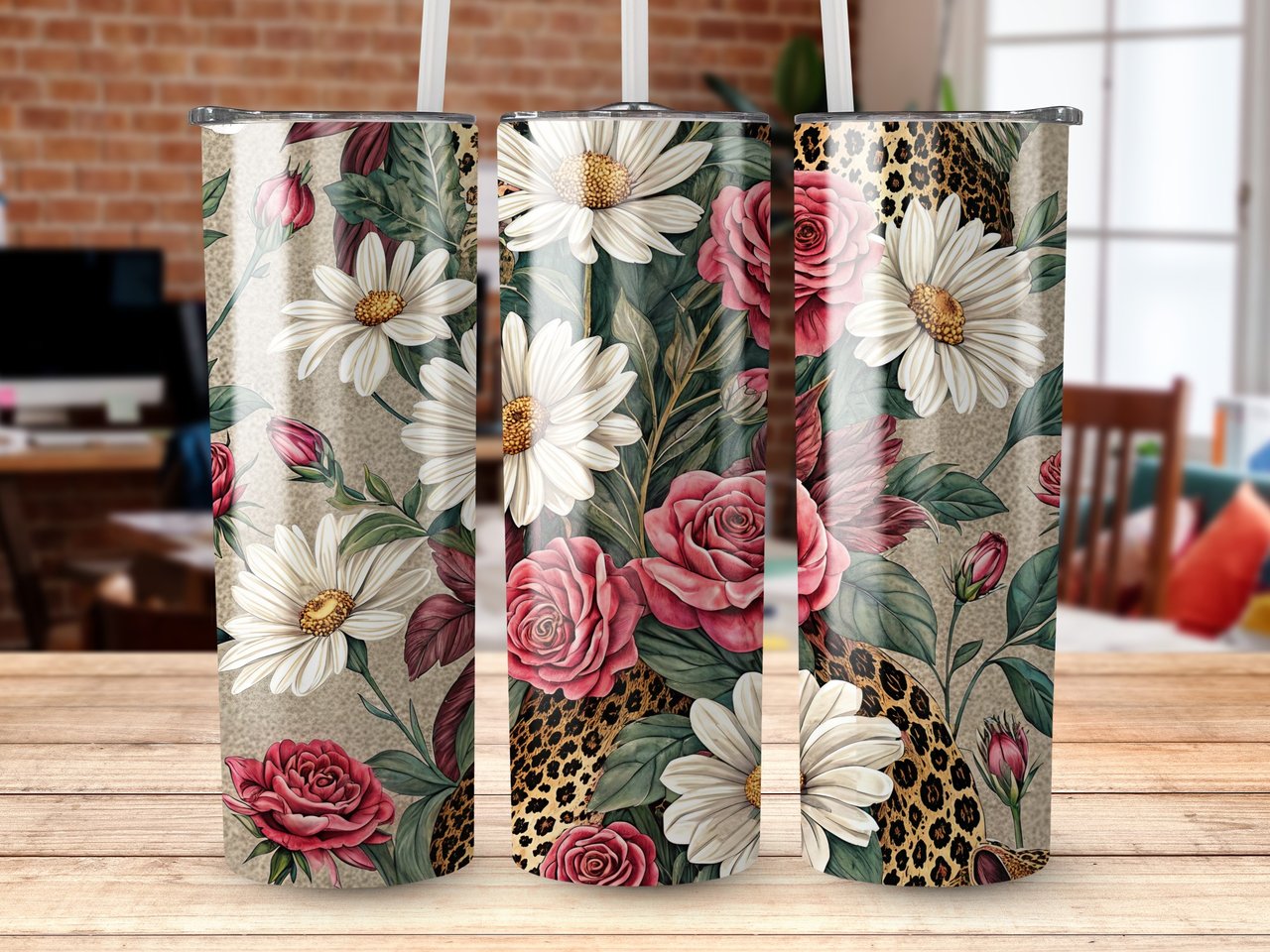 Floral Leopard 20oz Tumbler Wrap, Skinny Tumbler PNG, Seamless Design, Digital Download, Tumbler Sublimation, Trendy Tumbler Wrap