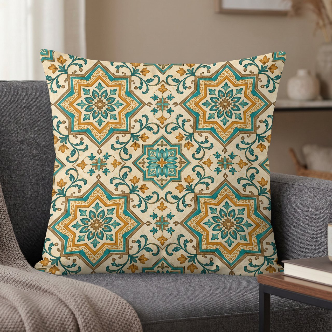 Moroccan Tile Pillow Cover, Teal Gold Geometric Boho Decorative Throw Pillow Case, Mediterranean Home Decor Accent