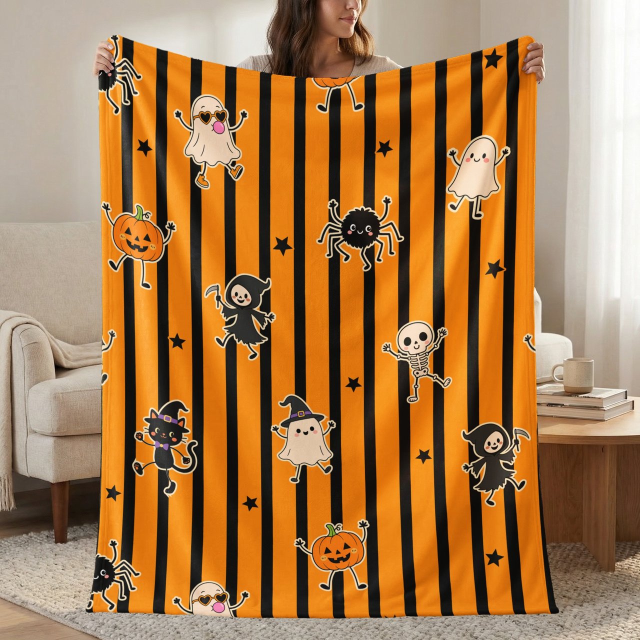 Spooky Cute Halloween Blanket, Kawaii Ghost Pumpkin Velveteen Throw, Witch Spider Woven Blanket, Happy Fall Throw Pillow Decor