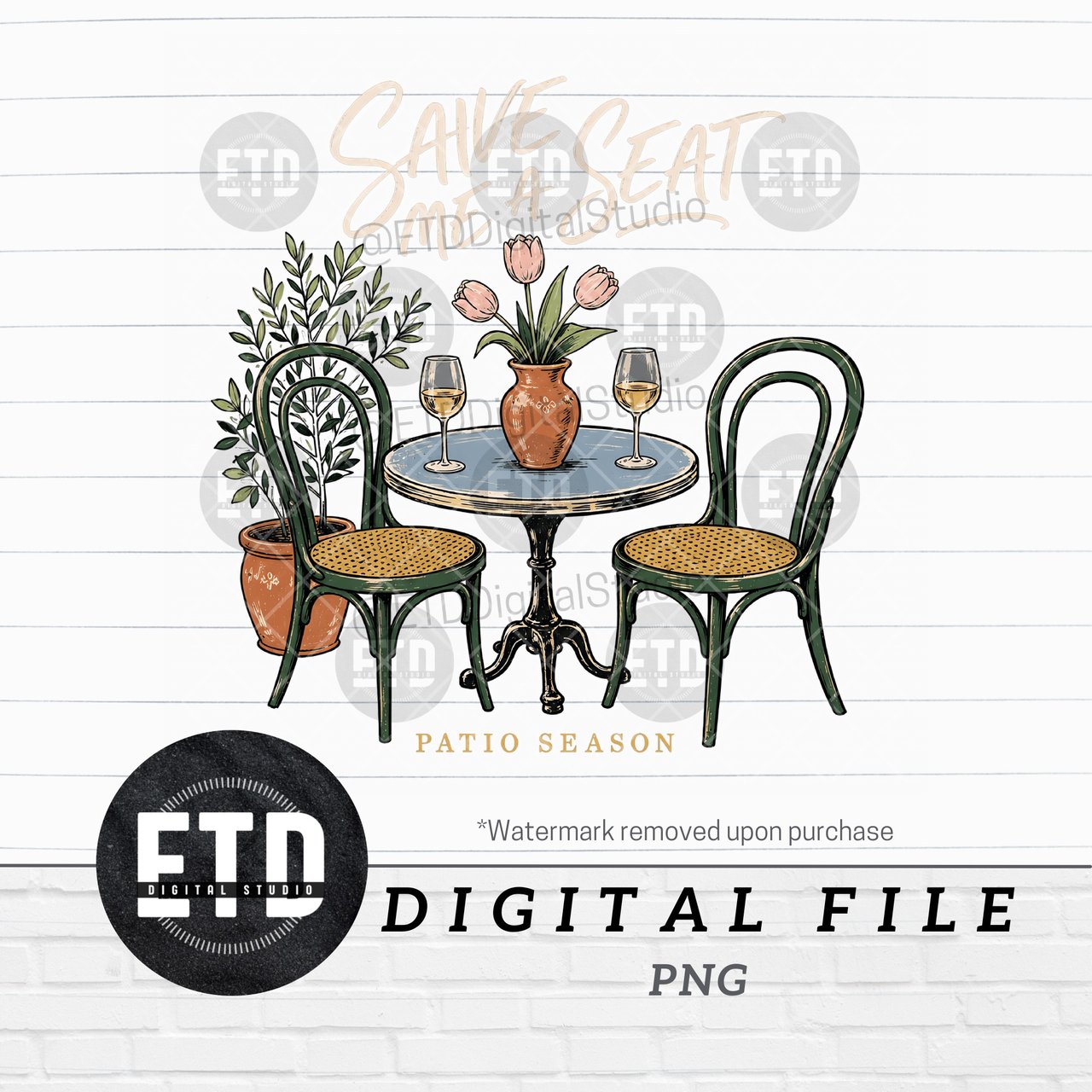 Patio Season Digital File PNG, Save A Seat For Me Bistro Table Cafe Scene Outdoor Living Spring Summer Illustration Download